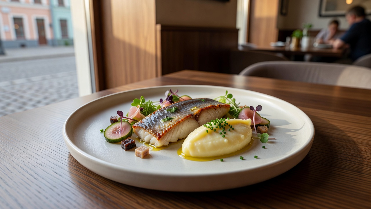 Beautifully prepared contemporary Baltic culinary plate served in Riga