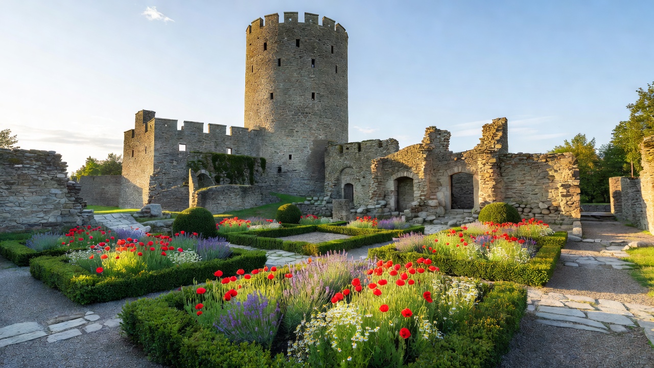 Cesis Medieval Castle tower and gardens with historic stone architecture