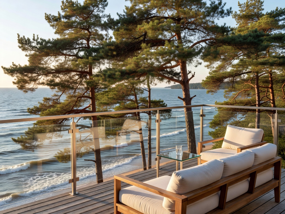 Coastal resort suite balcony overlooking Baltic sea pine trees in Jurmala