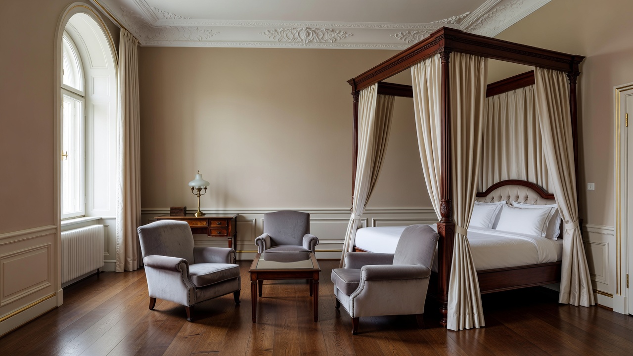 Elegant boutique hotel suite in Riga with wooden floor and classic high ceilings