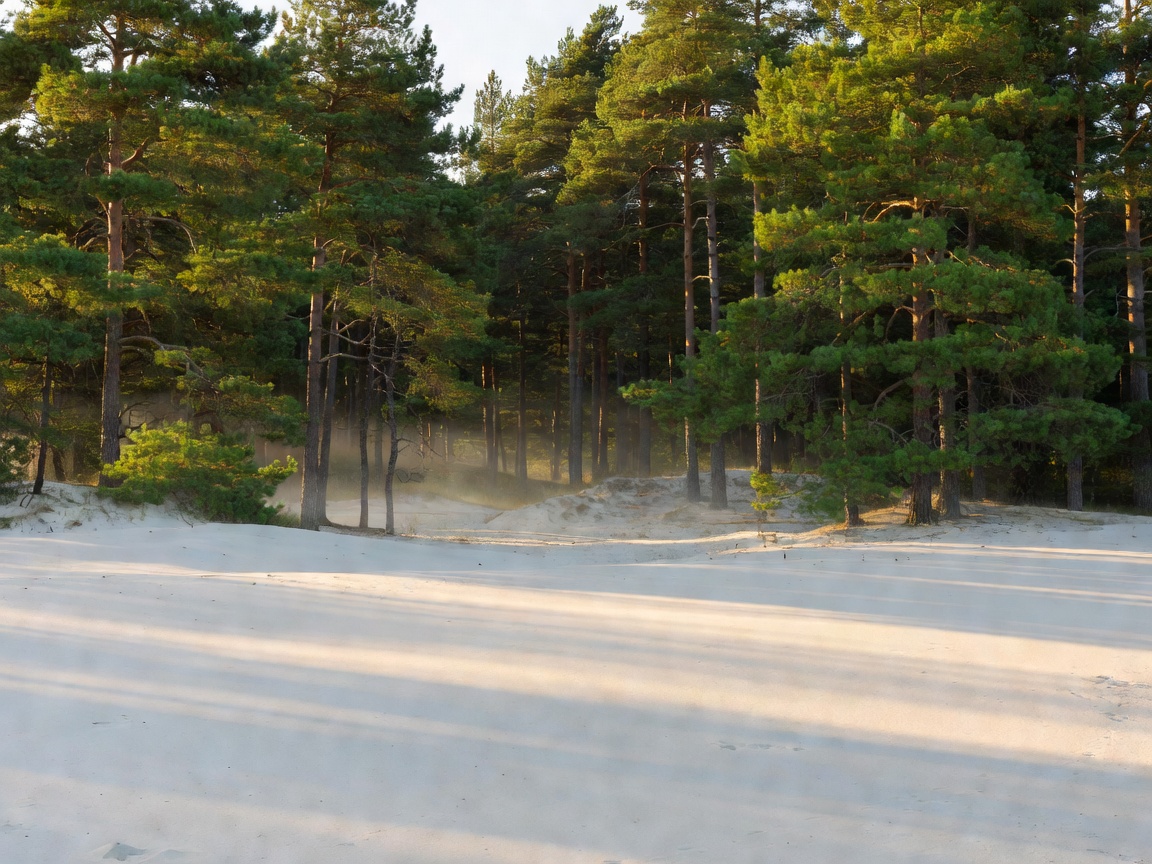 Jurmala sandy beach along the Baltic sea coast with pine tree forest in the background