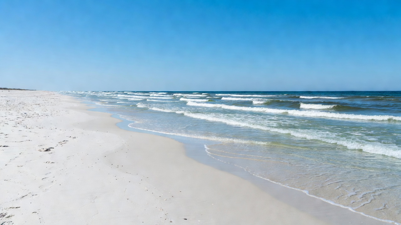 Jurmala wide white sand beach with Baltic sea waves on a sunny summer day