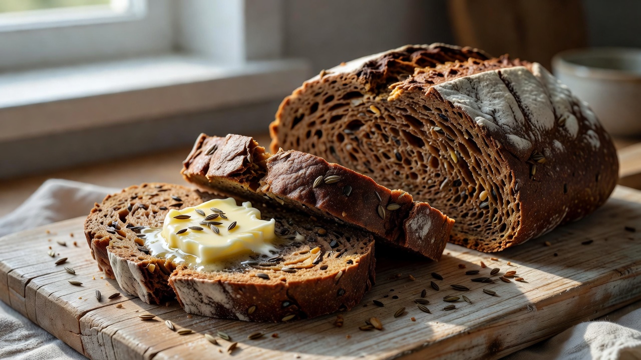 Latvian dark rye bread sourdough loaf sliced with butter and caraway seeds