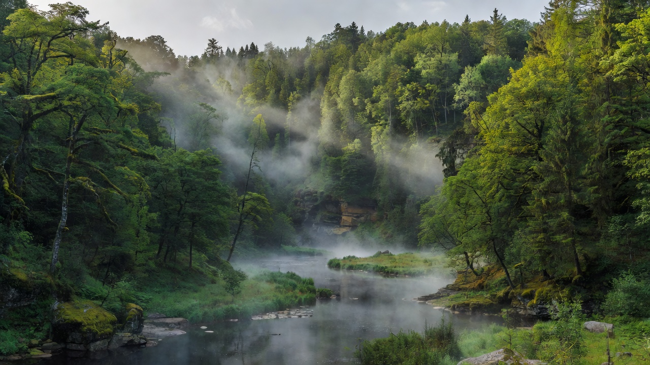 Lush forest canopy and misty ancient Gauja river valley in Sigulda Latvia