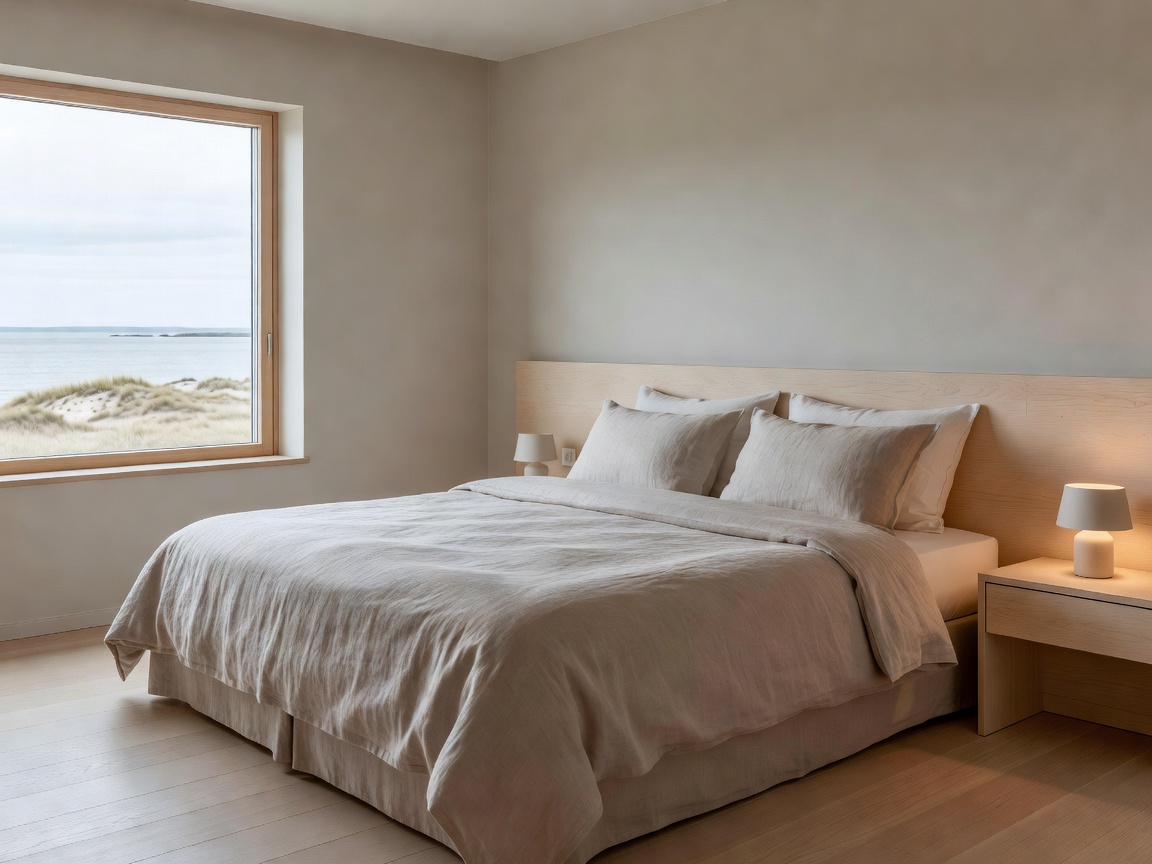 Luxury boutique hotel room with warm linen interior and minimalist Nordic Baltic decor
