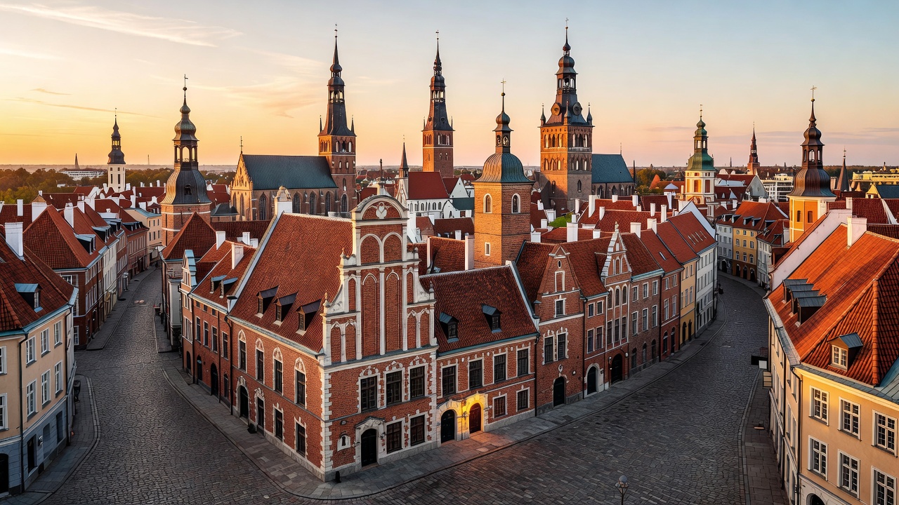 Riga Old Town panoramic view with historic spires, House of the Blackheads, and cobblestones