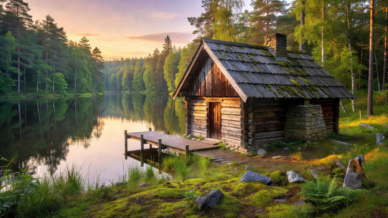 Rustic wooden cabin beside tranquil lake in Gauja National Park Latvia