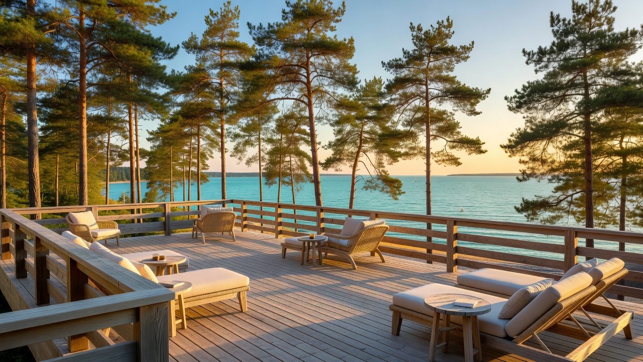 Seaside hotel terrace with views over pine trees in Jurmala Latvia