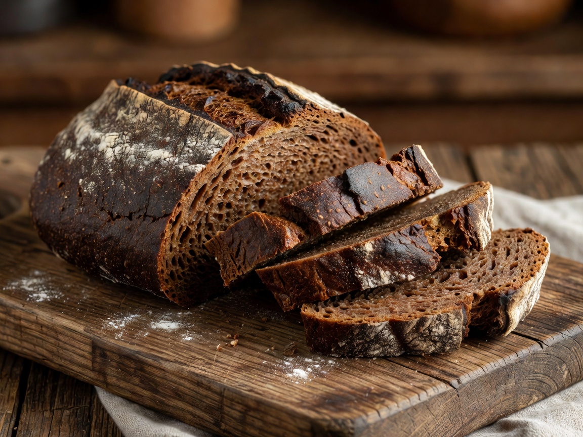 Traditional dark Latvian rye sourdough bread sliced on rustic wooden board