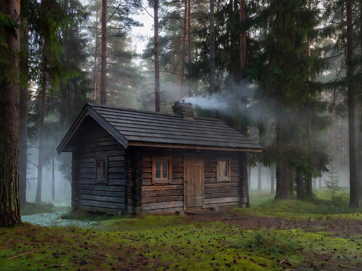 Cozy wooden cabin retreat nestled inside a quiet Latvian pine forest